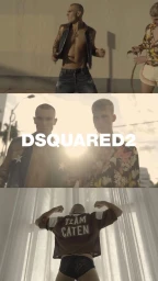 Three-frame vertical composition showing male models in summer apparel and underwear with Dsquared2 branding across a sunlit street scene