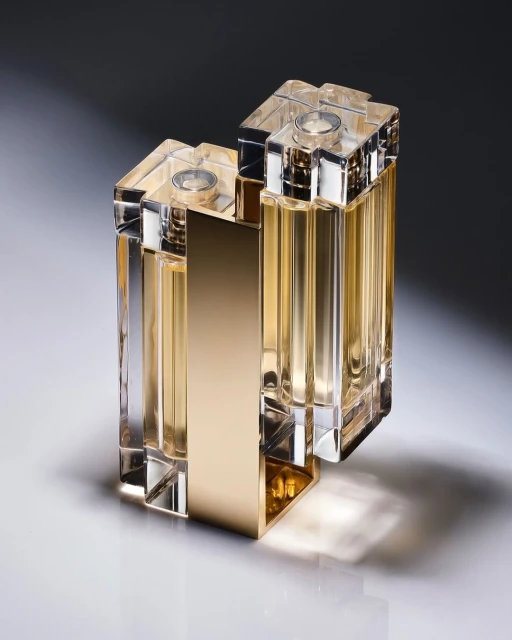 Still life studio shot of two square glass perfume bottles with a gold accent on a shiny surface and a dark grey background.