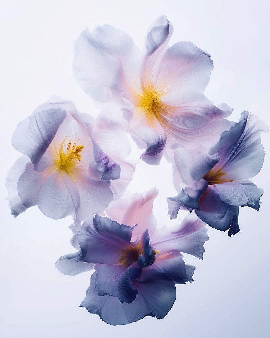 Close-up studio photograph featuring four translucent lilac tulip flowers with yellow centers arranged symmetrically against a white backdrop.