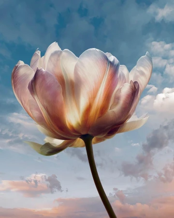 A large pale tulip flower with translucent petals against a blue and pink cloud-filled sky by Benjamin Henon