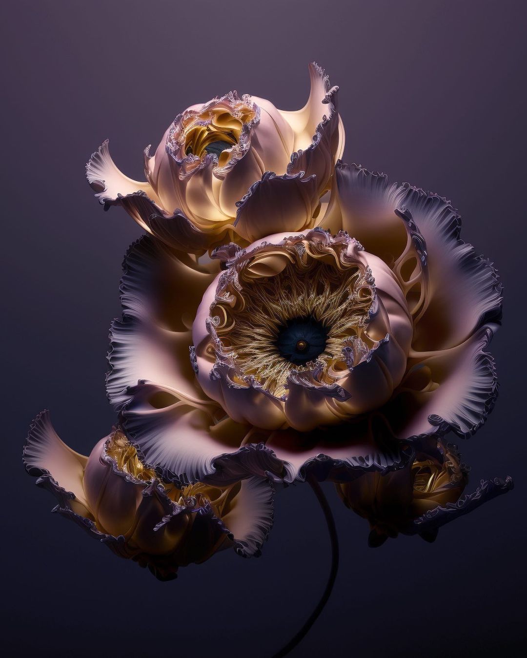 Artificial flowers with soft petals and ruffled edges, creating a surreal, elegant floral arrangement in a shadowy setting.