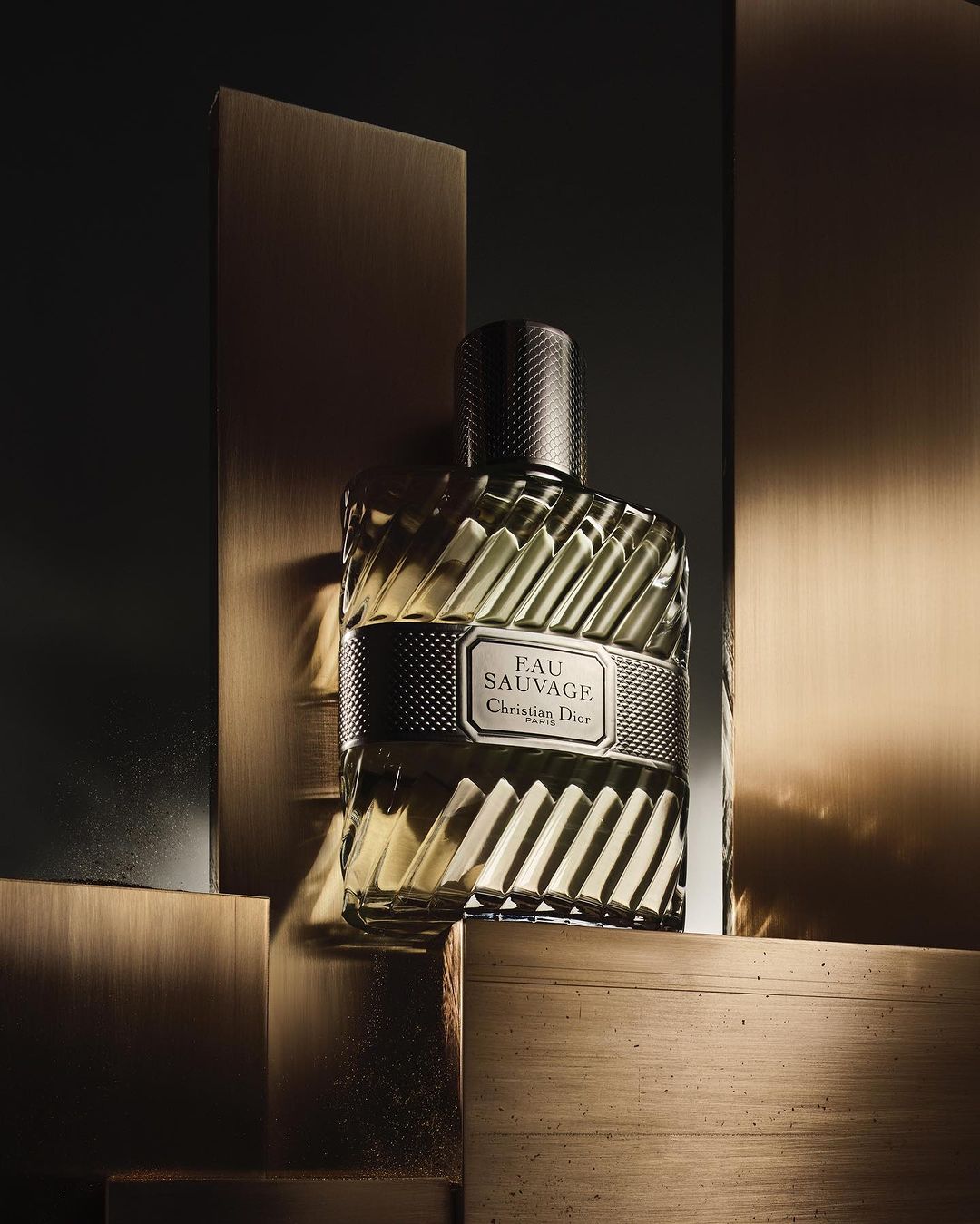Eau Sauvage Christian Dior perfume bottle on bronze pedestals against dark backdrop in beauty advertising style product photography.