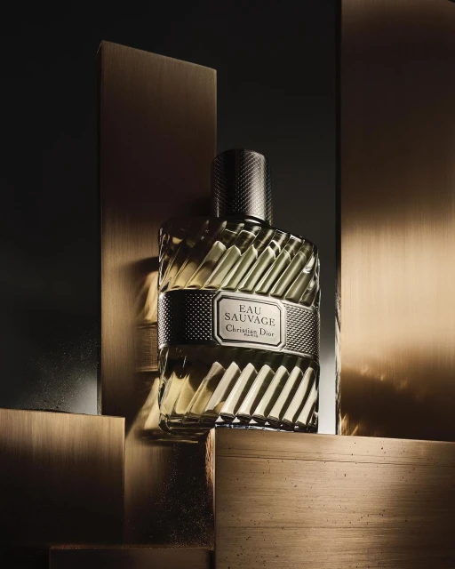 Eau Sauvage Christian Dior perfume bottle on bronze pedestals against dark backdrop in beauty advertising style product photography.