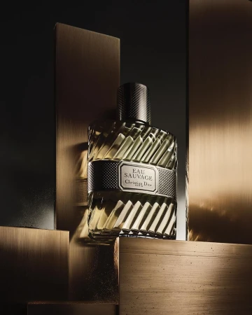 Eau Sauvage Christian Dior perfume bottle on bronze pedestals against dark backdrop in beauty advertising style product photography.