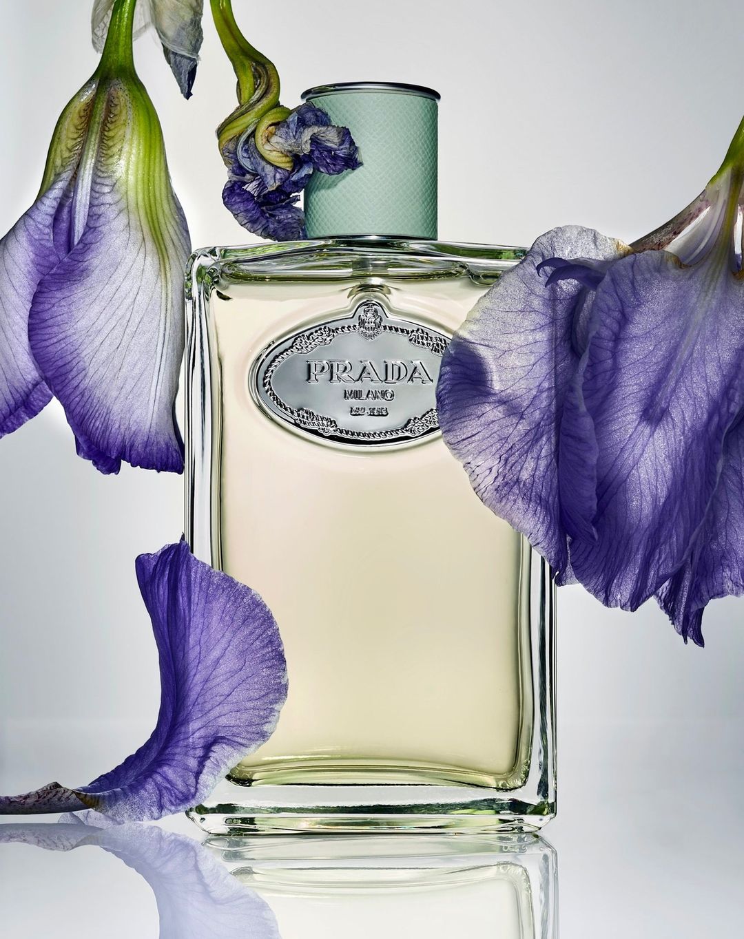 Close-up studio shot of a Prada perfume bottle surrounded by violet iris flowers, set against a soft white background with reflective surface.