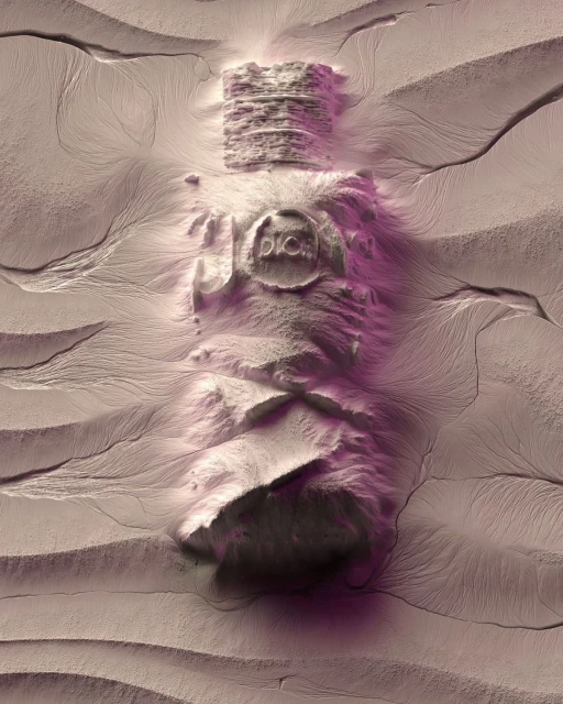 Surreal perfume bottle art created from sand, with the word 'DIOR' visible on the bottle's front.