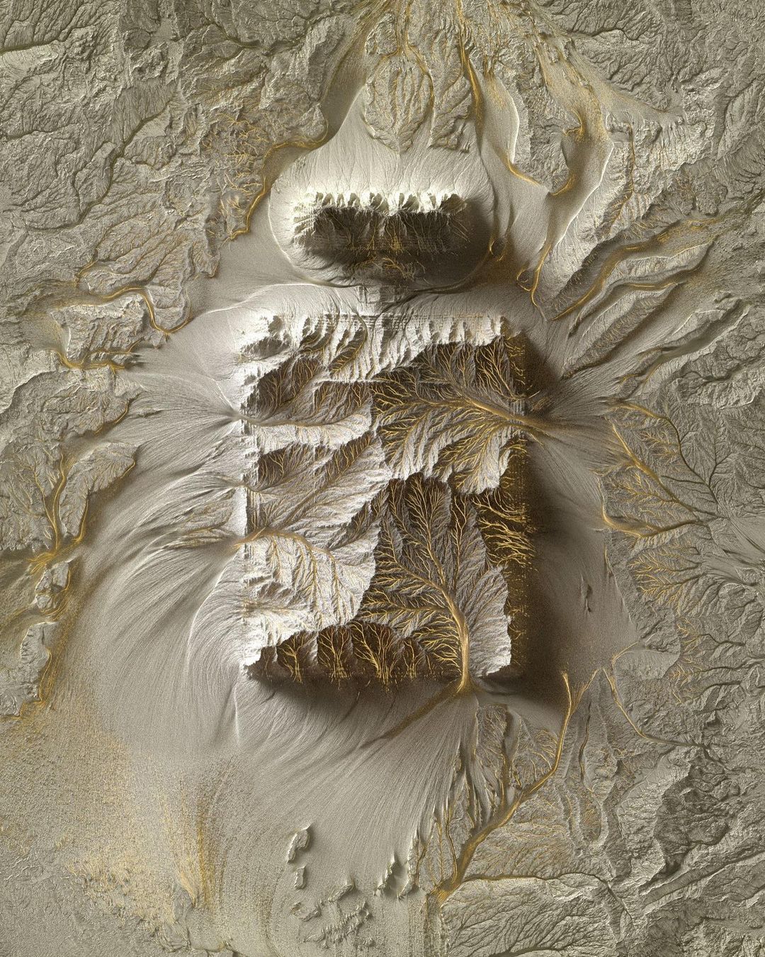 Aerial view of an abstracted landscape topography featuring smooth gradients, branching streams and ridges, and a square plateau.
