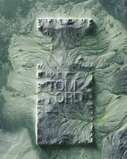 Topographical map in the shape of a Tom Ford perfume bottle, showing raised lettering on the bottle and desert-like carved ridges.