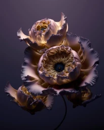Close-up of intricate cream and purple fantasy flower blossoms with ruffled edges against a dark background by Benjamin Hénon.