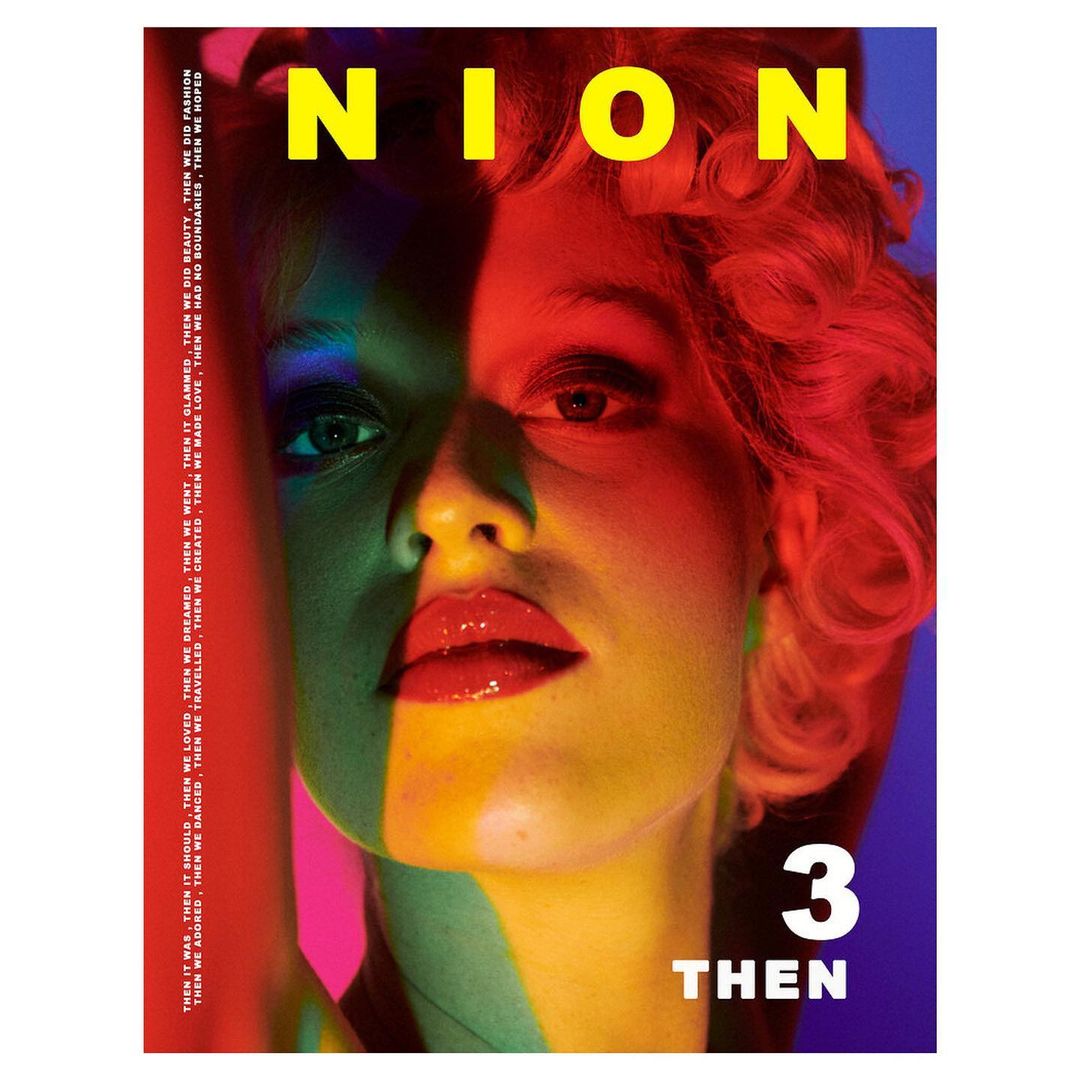 Magazine cover featuring a woman's face split in red, yellow, and blue light, with yellow text 'NION' and '3 THEN'.