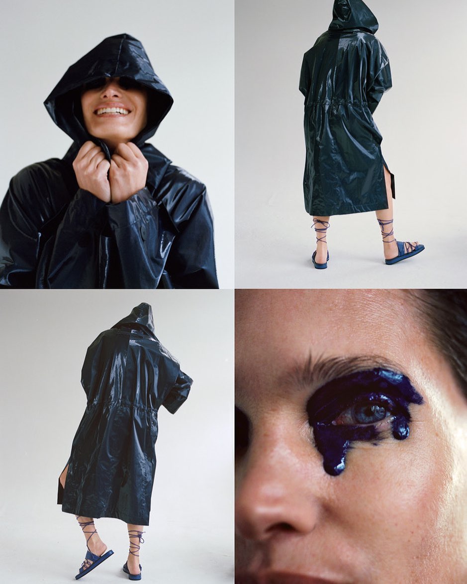 Collage of a woman wearing a shiny hooded coat and wrap-around sandals, with a close-up of makeup around the eye in a studio shot.