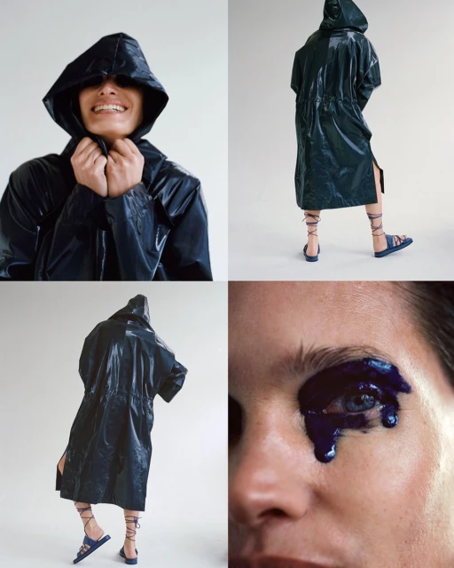 Collage of a woman wearing a shiny hooded coat and wrap-around sandals, with a close-up of makeup around the eye in a studio shot.