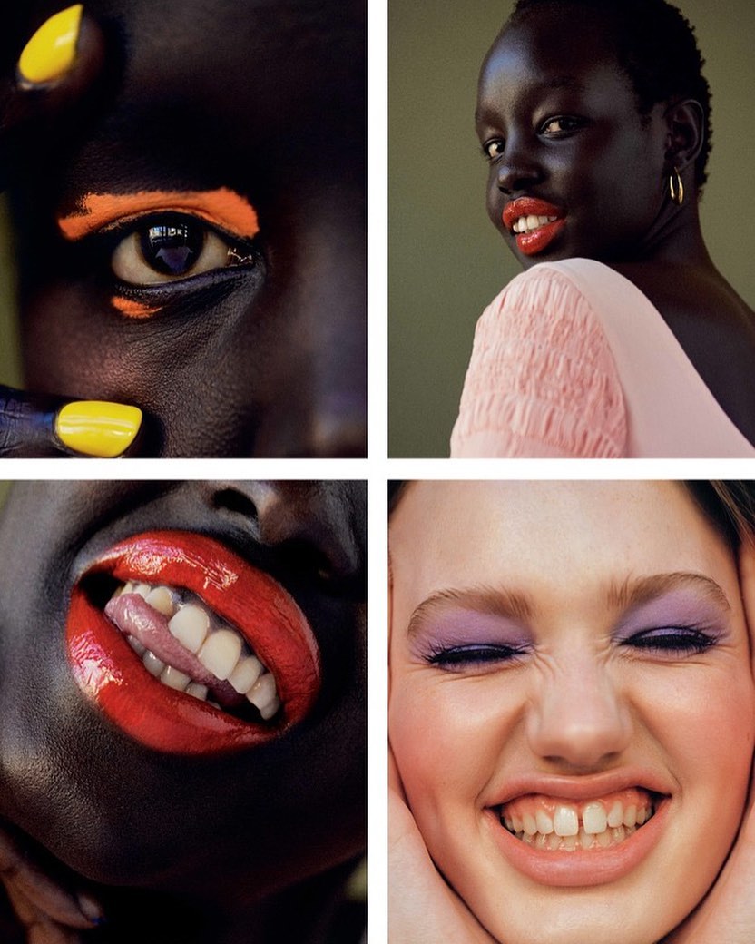 Collage of four close-up portraits featuring diverse makeup styles on female models, showcasing vibrant colors and expressions.