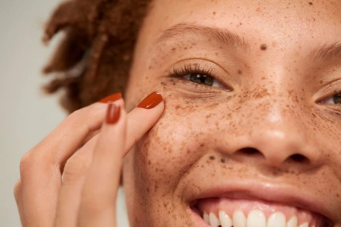 Close-up portrait of a smiling person with freckles and rust-colored nail polish by Benjamin Madgwick