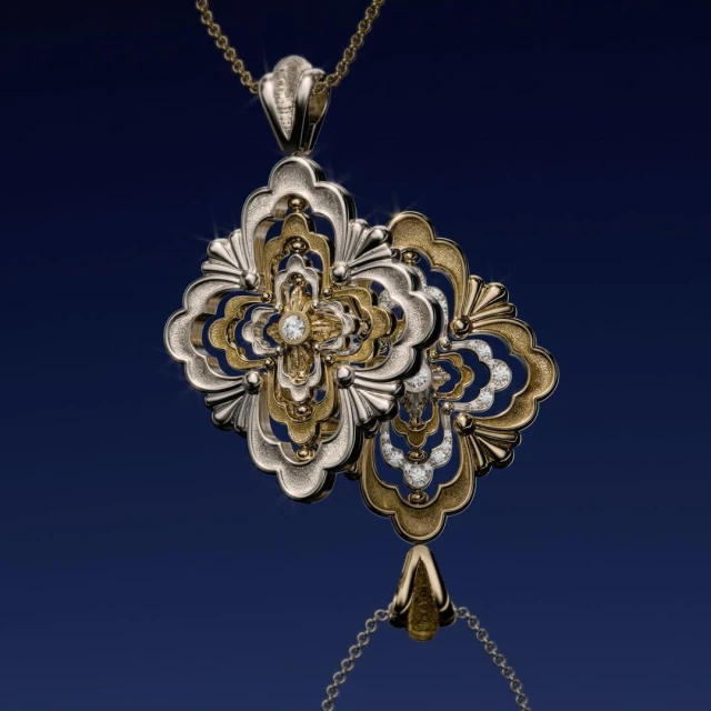 Elegant gold and silver flower-shaped pendant necklace with diamond accents on a reflective blue surface, studio product shot.