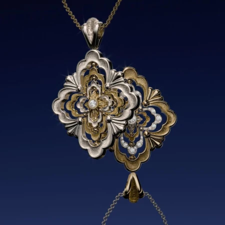 Elegant gold and silver flower-shaped pendant necklace with diamond accents on a reflective blue surface, studio product shot.