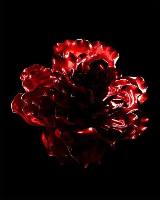 Close-up studio shot of a red rose against a black background, highlighting its intricate petal structure and vibrant color.