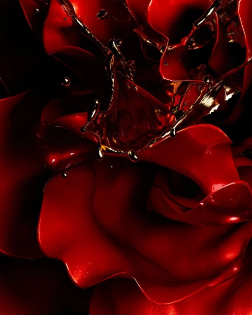 Dramatic close-up of vibrant red rose with water droplets, high contrast, dark background, creating a sensual, artistic floral image.