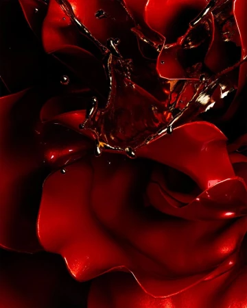 Dramatic close-up of vibrant red rose with water droplets, high contrast, dark background, creating a sensual, artistic floral image.