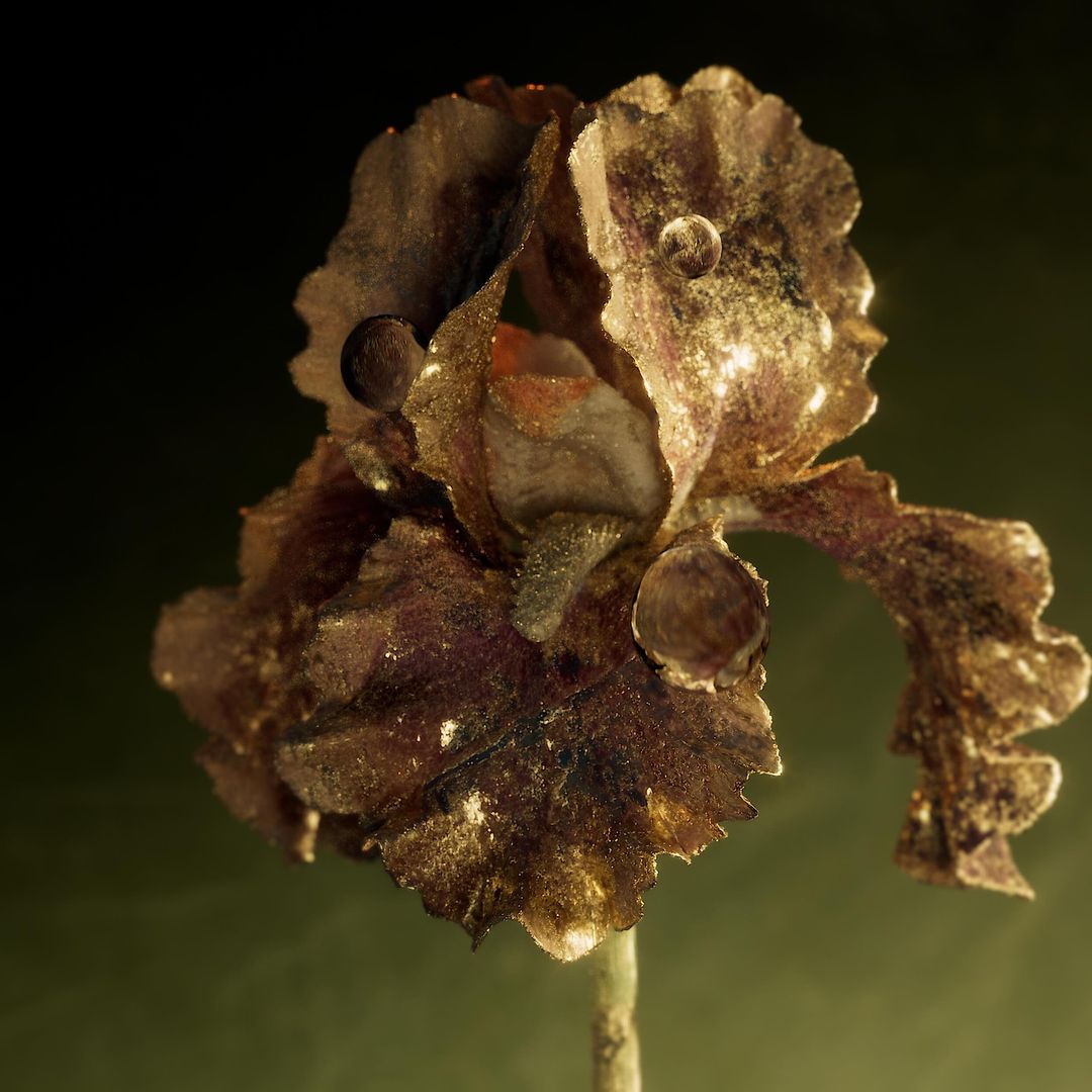 Close-up of a metallic iris flower sculpture with textured petals and a lustrous sheen, presented against a dark, contrasting background.
