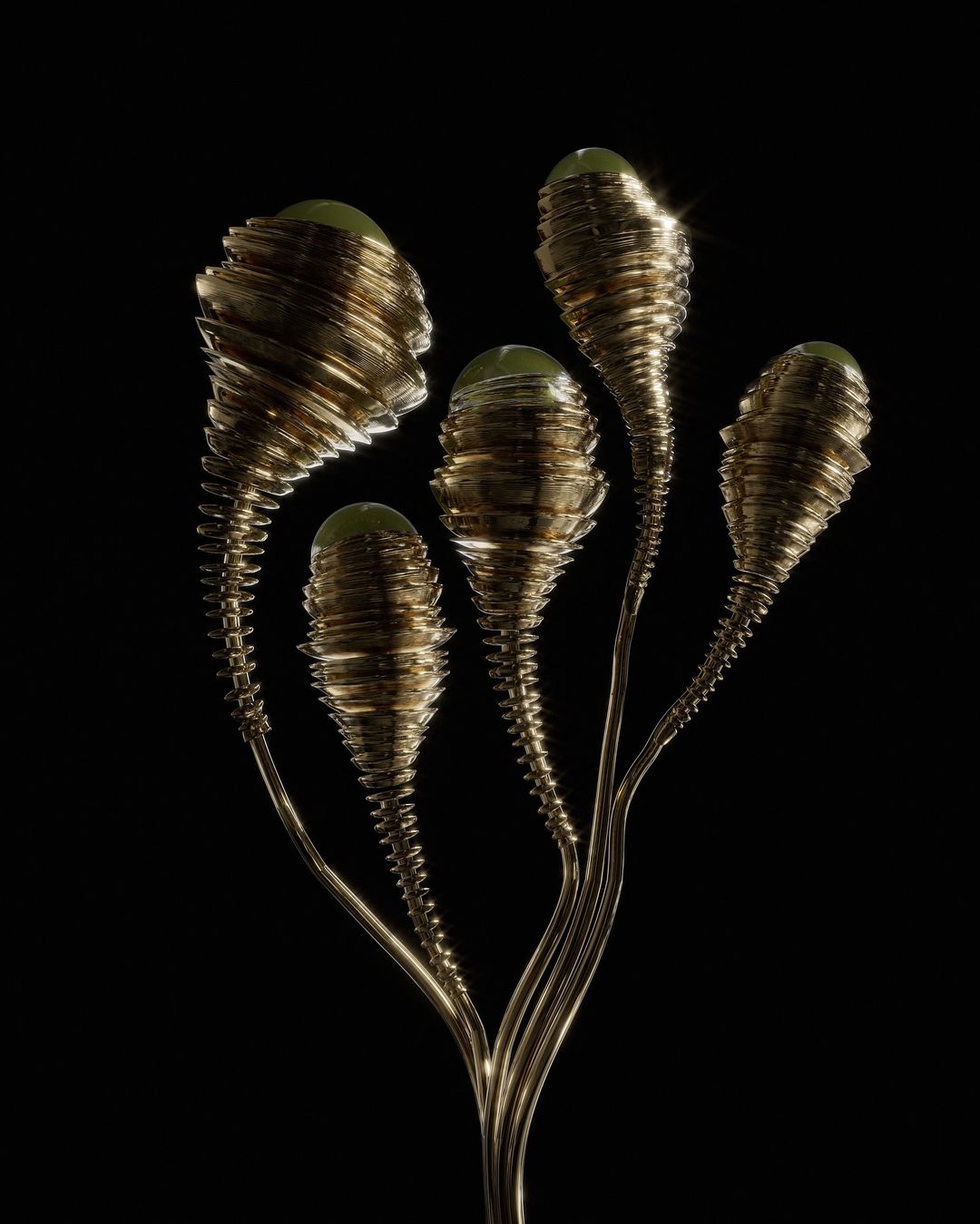 Abstract metallic floral arrangement featuring spiraled stems and orb-shaped buds against a black background. Decorative object.