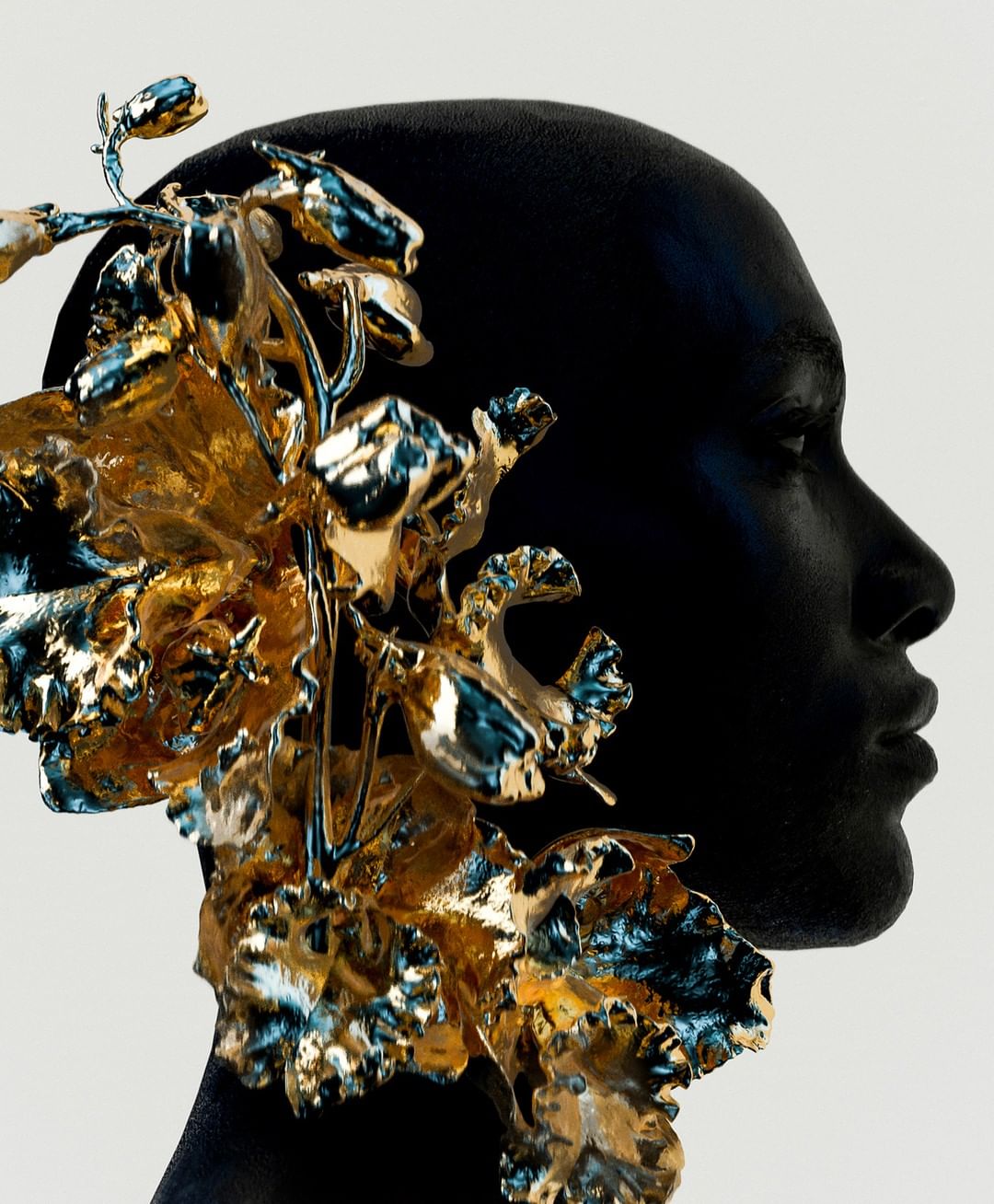 Black-skinned adult with a gilded floral headpiece in a studio shot, blending artistic portraiture with high-contrast colour palette.