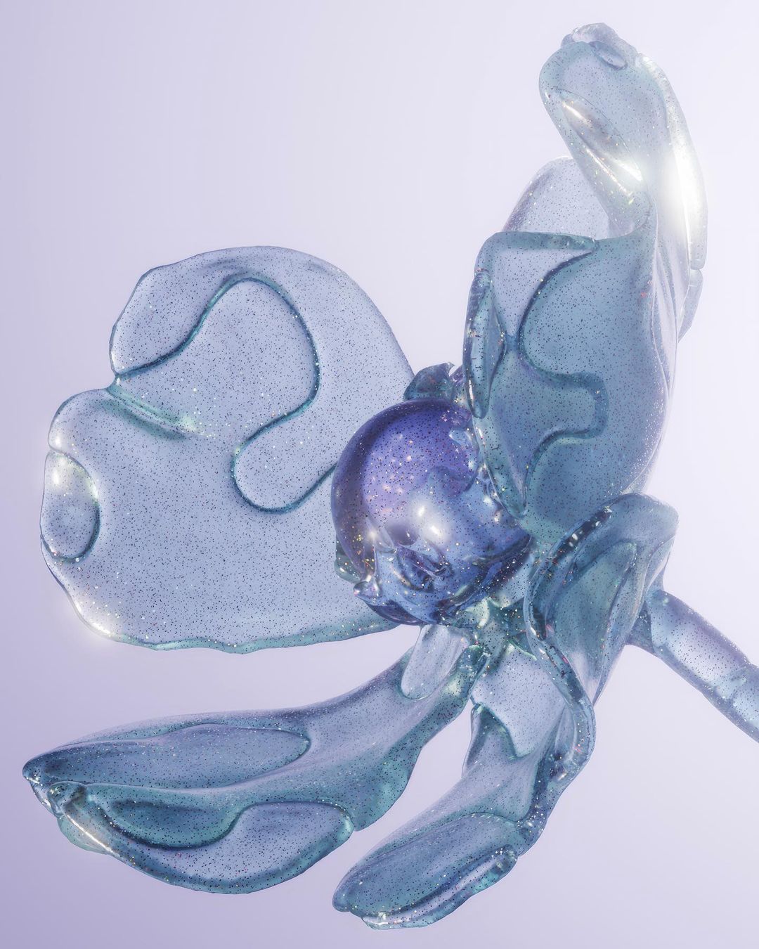 Close-up of an iridescent, glittery blue and purple 3D render of a flower with delicate petals against a soft lavender background.