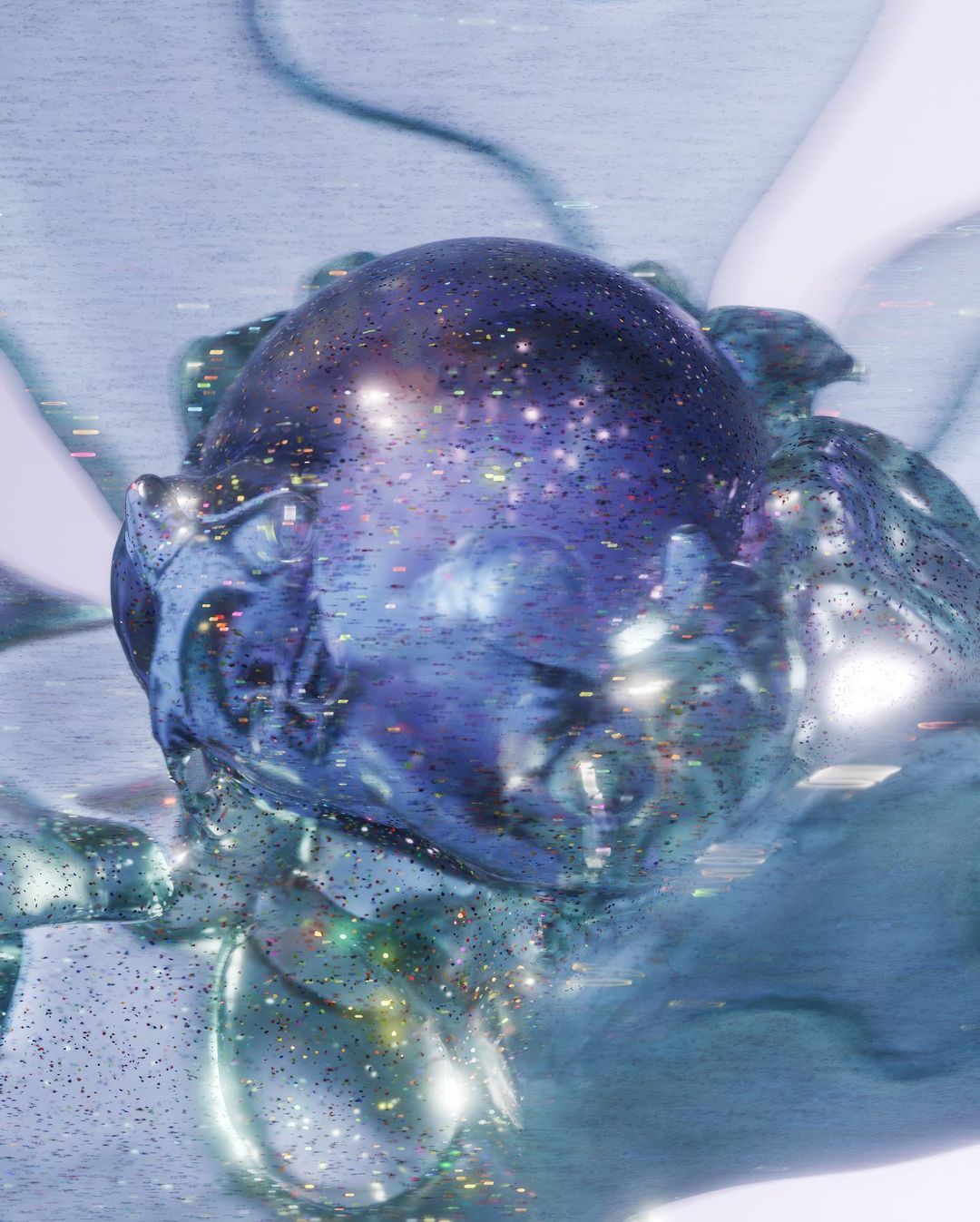 Abstract CGI rendering of a spherical object that appears to be held, featuring a deep purple, blue, and white color palette.