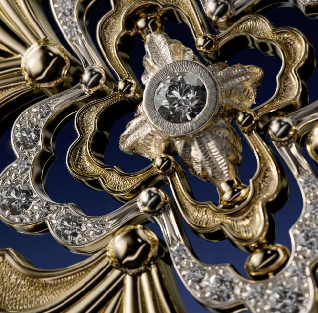 Ornate golden jewelry with diamond centerpiece on a dark blue background, showcasing intricate metalwork and craftsmanship.