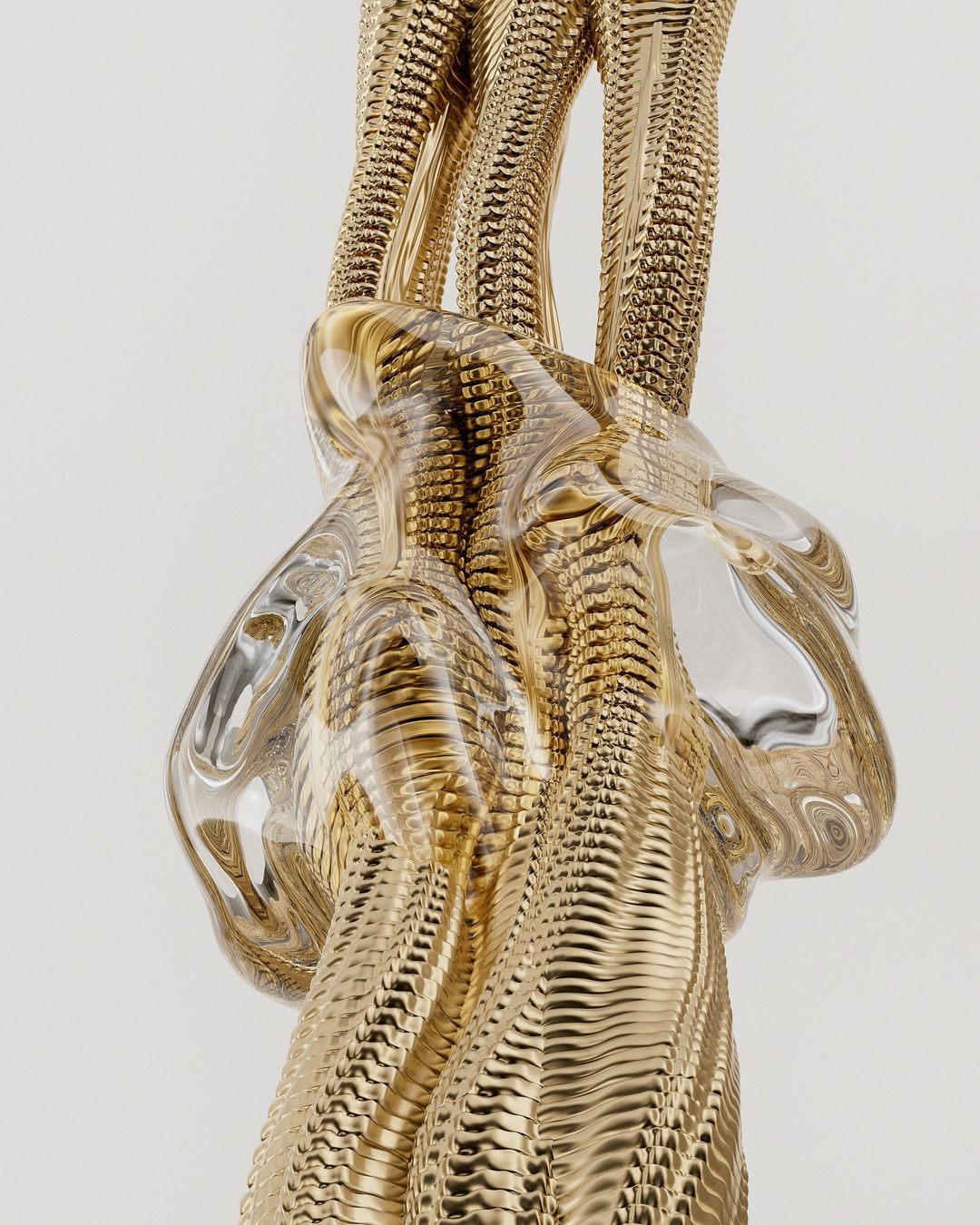 Abstract CGI art featuring a textured, golden, knotted form with reflective, transparent elements against a neutral backdrop.