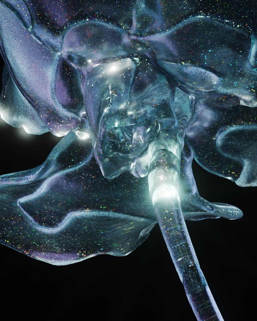Close-up CGI rendering of a translucent blue and purple flower with a glowing stem, set against a stark black backdrop.