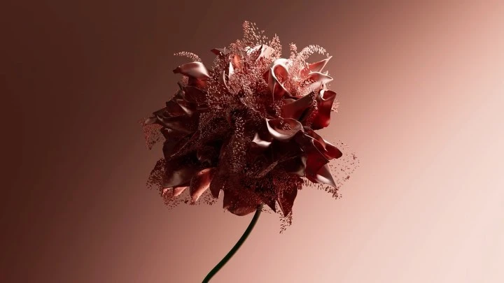 Abstract floral arrangement with sculptural petals and delicate filigree details in a gradient rose-gold color scheme on gradient background.