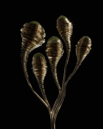 Close-up of five metallic ribbed botanical sculptures with glowing green gemstone tips against a solid black background.