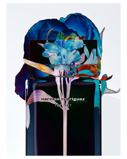Narciso Rodriguez perfume bottle featuring floral decorations in cool hues of blue, lilac, and orange against a light gradient background.
