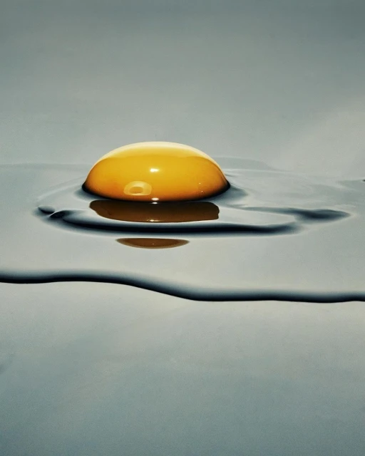 Close-up photo of a raw egg yolk with reflection on a grey surface. Food photography showcases the texture and color of the egg.