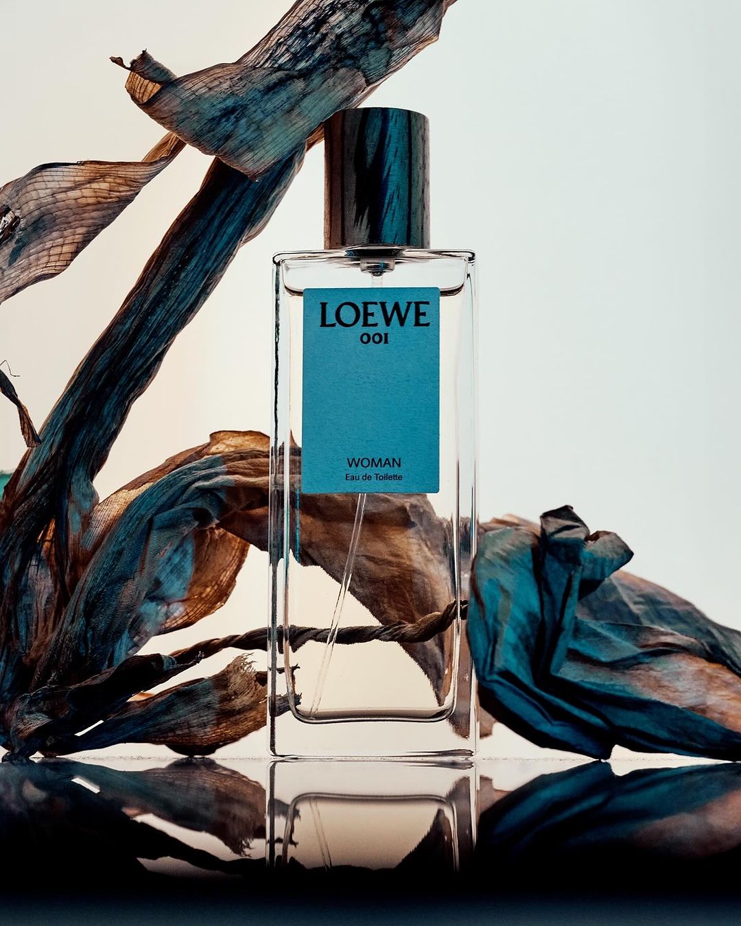 Loewe 001 Woman Eau de Toilette perfume bottle against a white background with dried floral elements and reflective surface.