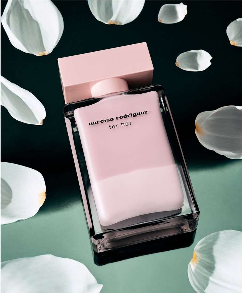 A rectangular pink perfume bottle with a matching cap surrounded by scattered white flower petals on a dark reflective surface