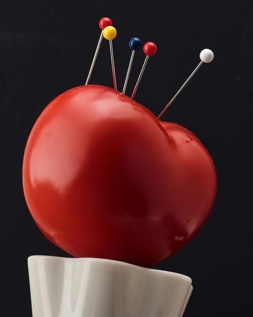 Tomato atop white pedestal base, pierced by sewing pins with round colored heads: red, yellow, white, and blue, against dark backdrop.
