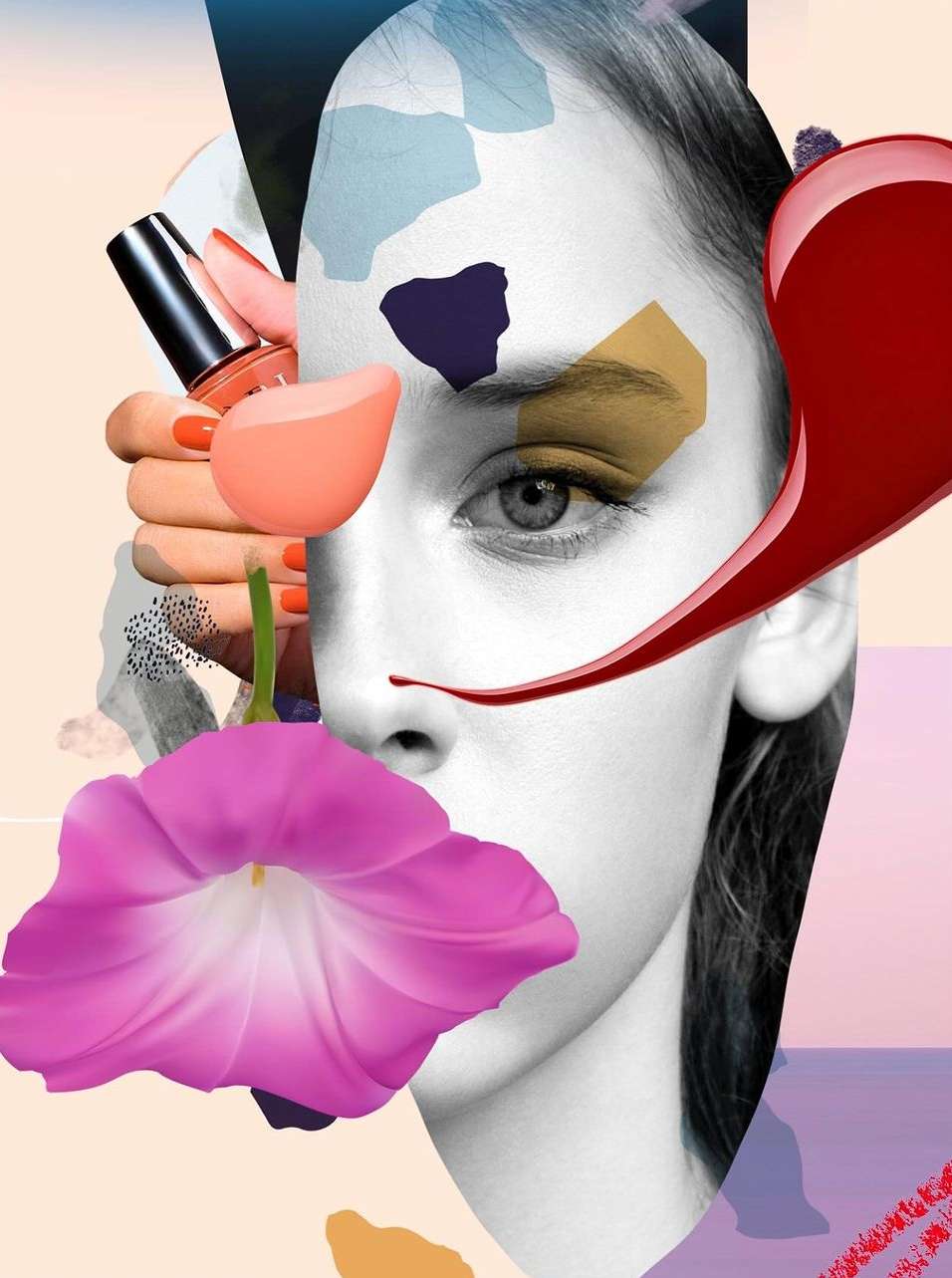 Black and white portrait of a woman with color splashes, flower, and nail polish in a surreal beauty art composition.