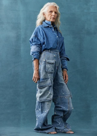 Older woman in denim button-down and distressed denim cargo pants poses in a studio setting with a textured blue background.