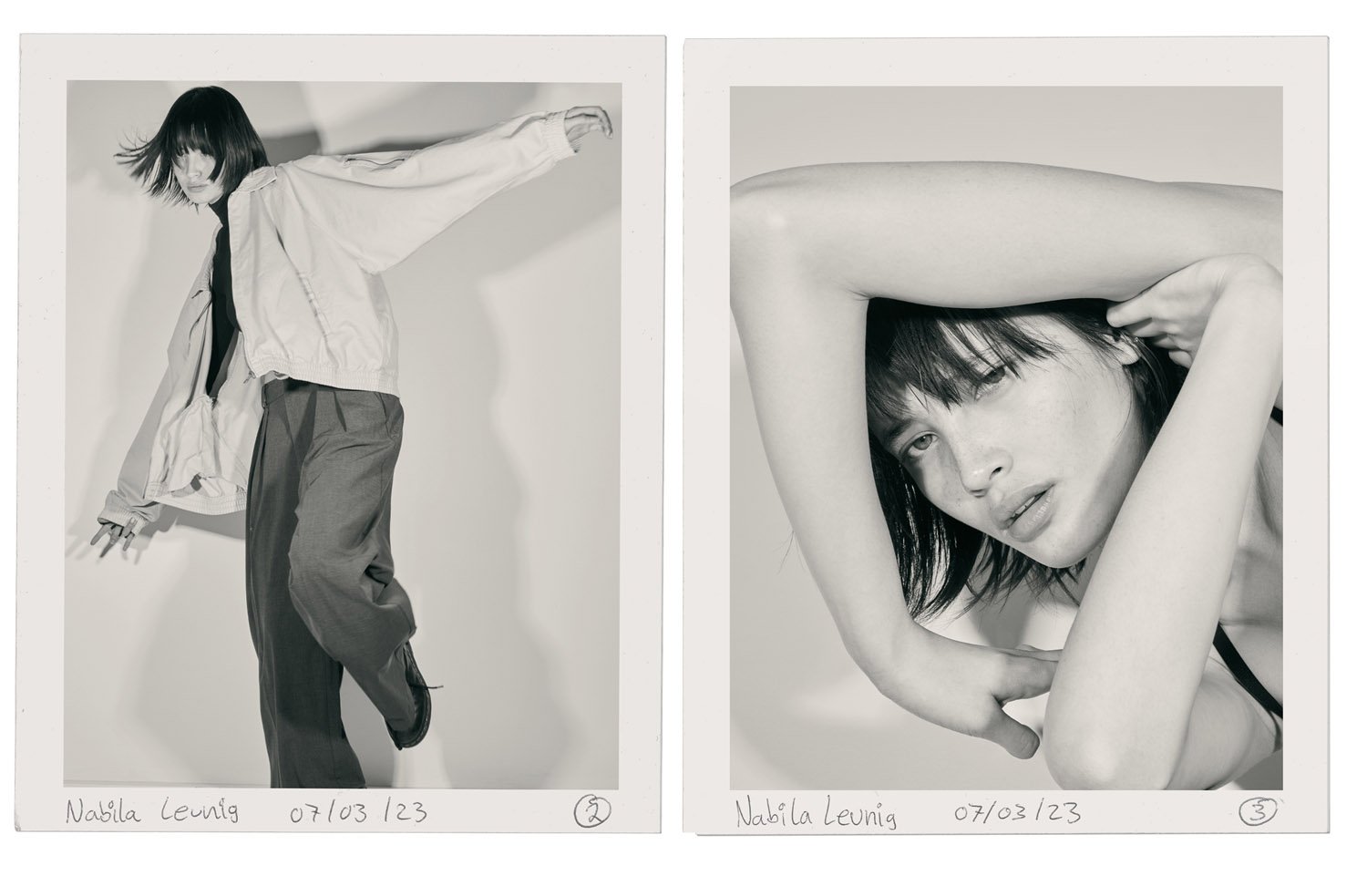 Monochrome polaroid-style diptych of a woman posing in a jacket, trousers and close-up portrait with arms framing her face.