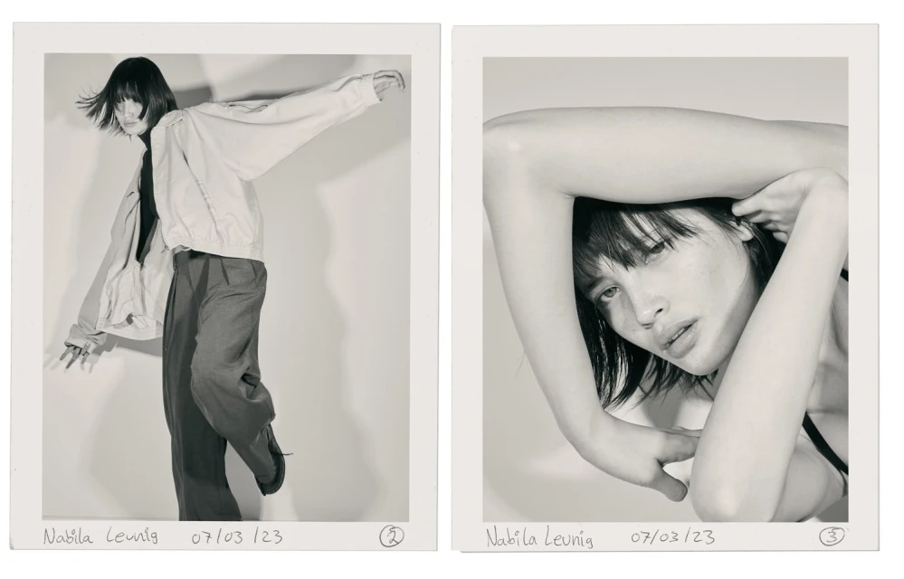Monochrome polaroid-style diptych of a woman posing in a jacket, trousers and close-up portrait with arms framing her face.