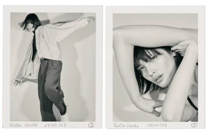 Monochrome polaroid-style diptych of a woman posing in a jacket, trousers and close-up portrait with arms framing her face.