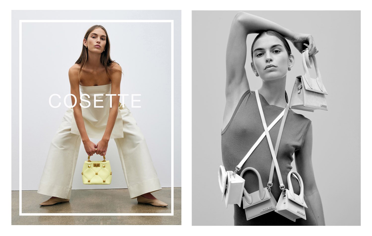 Fashion editorial shot: a model presents a yellow quilted handbag in a studio setting, contrasted with a black-and-white image featuring multiple handbags.