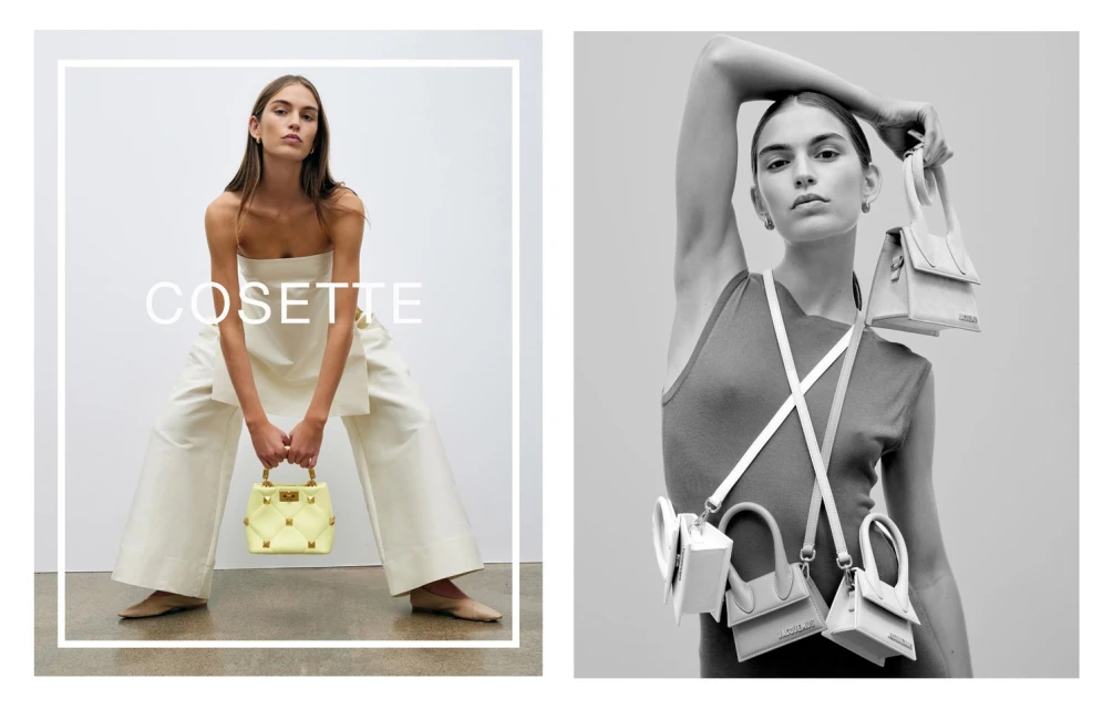 Fashion editorial shot: a model presents a yellow quilted handbag in a studio setting, contrasted with a black-and-white image featuring multiple handbags.