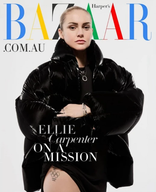 Ellie Carpenter on Harper's Bazaar cover in a black puffer jacket against a white backdrop, featuring Bazaar masthead and tagline.
