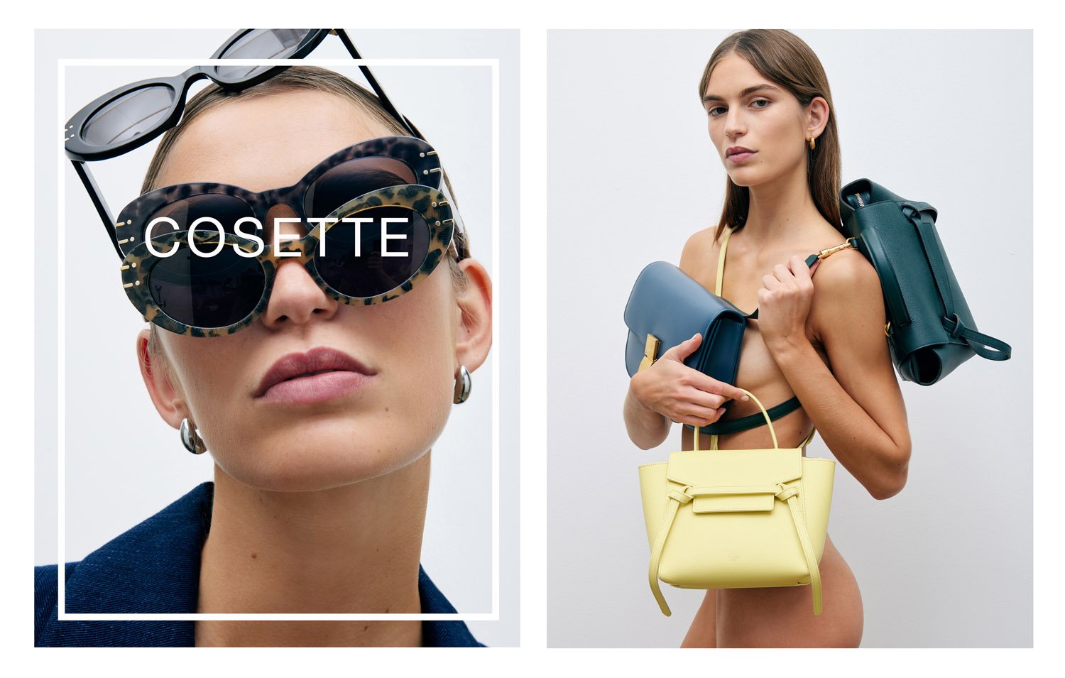Fashion shot of two women wearing different sunglasses and holding designer handbags in a bright, minimalist photo studio setting.