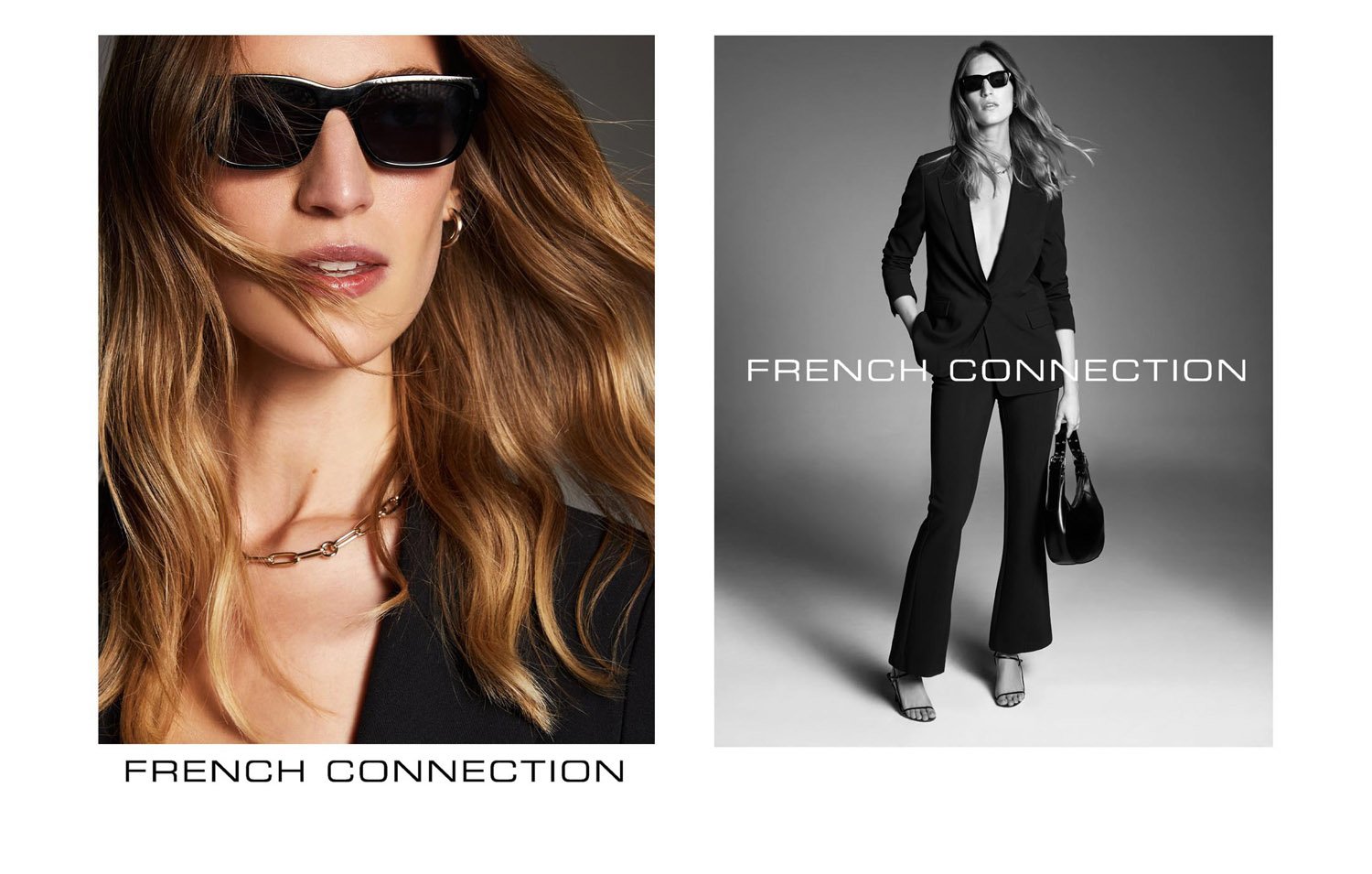 A black and white fashion ad featuring two stylish adult women wearing blazers, sunglasses, and fashionable jewelry, set indoors.