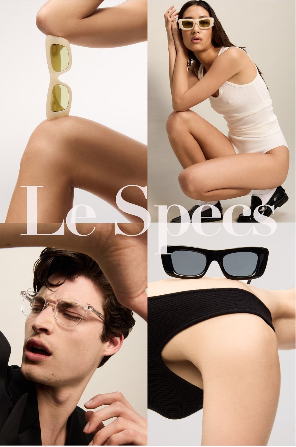 Collage-style promotional shot featuring two adult models wearing sunglasses, set against a neutral backdrop with 'Le Specs' text.
