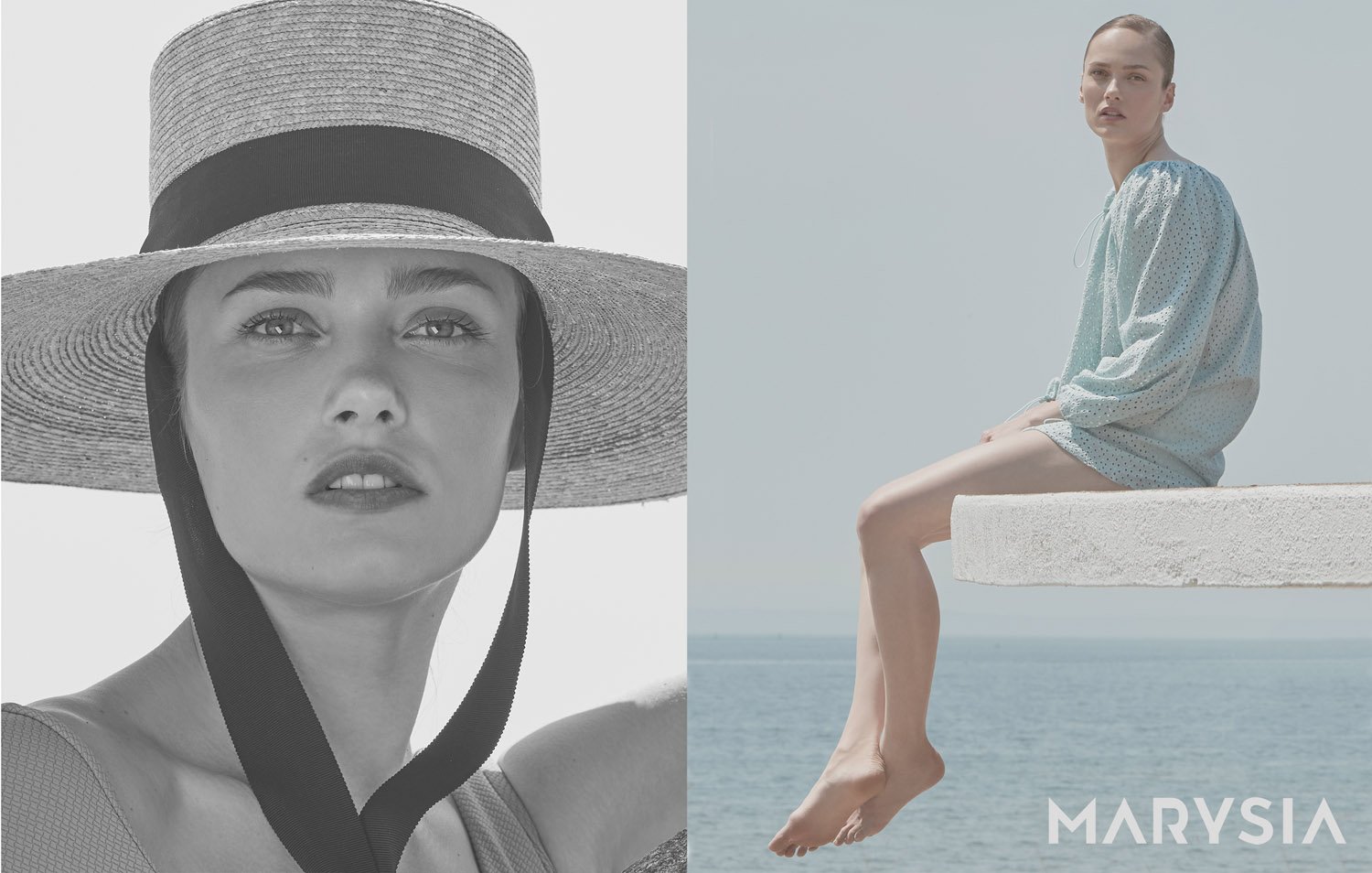 Two contrasting scenes feature a woman in a hat in black and white, and another woman seated by the ocean in blue tones.